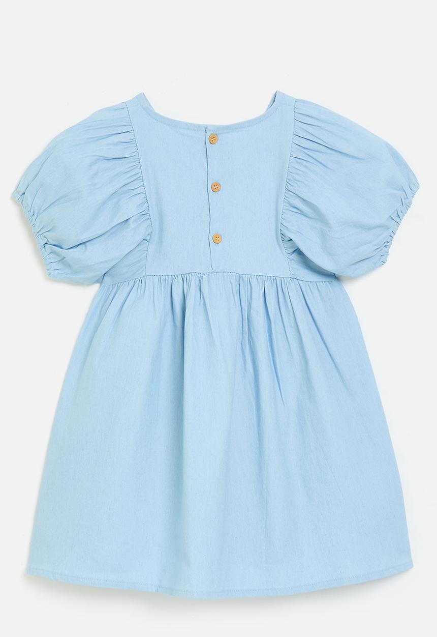 Pop Candy - Grown-on puff sleeve dress with embroidered strawberries - light blue