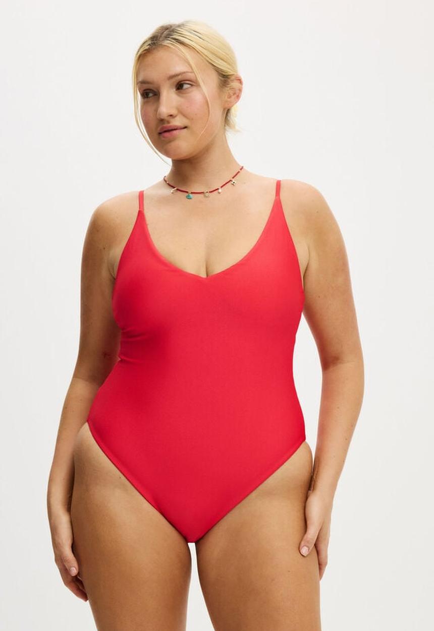 Cotton On - Thin Strap V Neck One Piece Cheeky - Tomato Shimmer