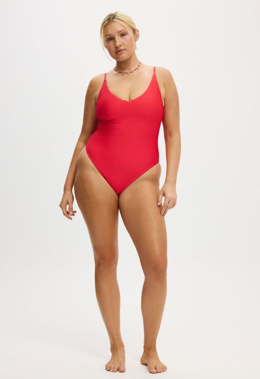 Cotton On - Thin Strap V Neck One Piece Cheeky - Tomato Shimmer
