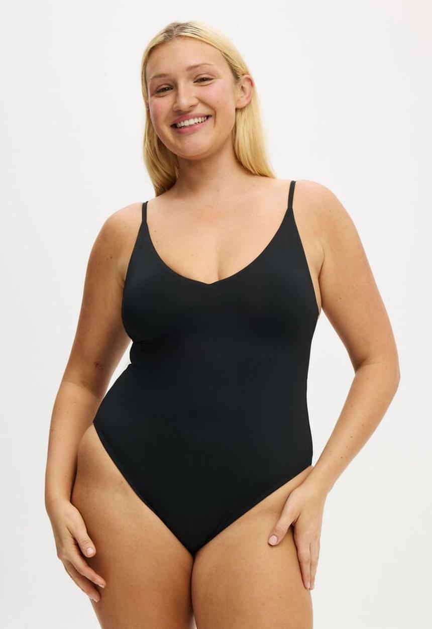 Cotton On - Thin Strap V Neck One Piece Cheeky - Black