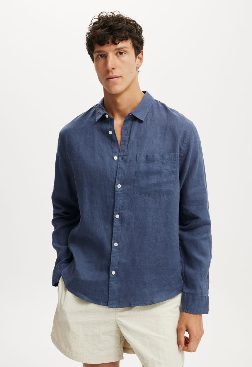 Cotton On - Relaxed Linen Long Sleeve Shirt - Faded Navy