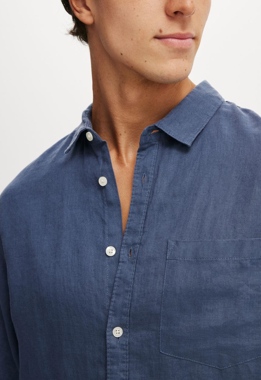 Cotton On - Relaxed Linen Long Sleeve Shirt - Faded Navy