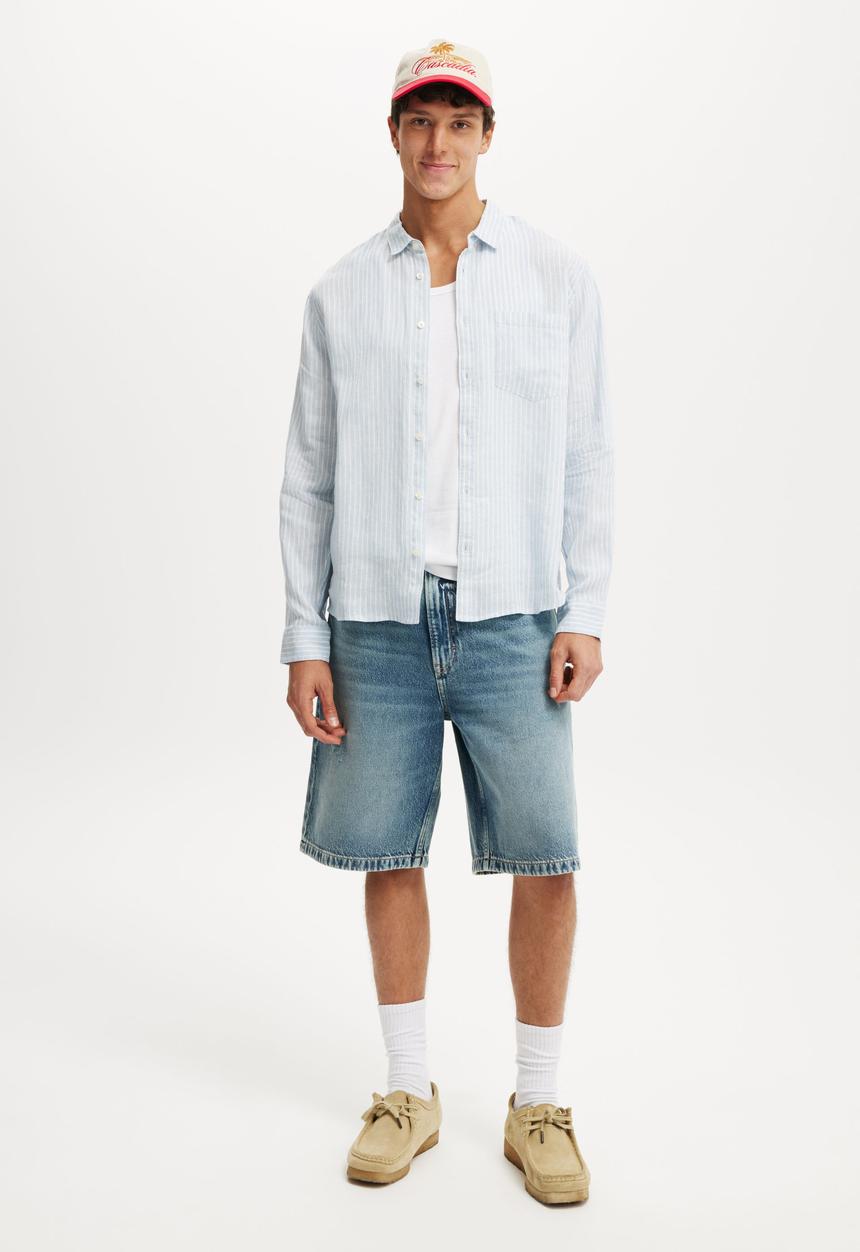 Cotton On - Relaxed Linen Long Sleeve Shirt - Sky Blue 