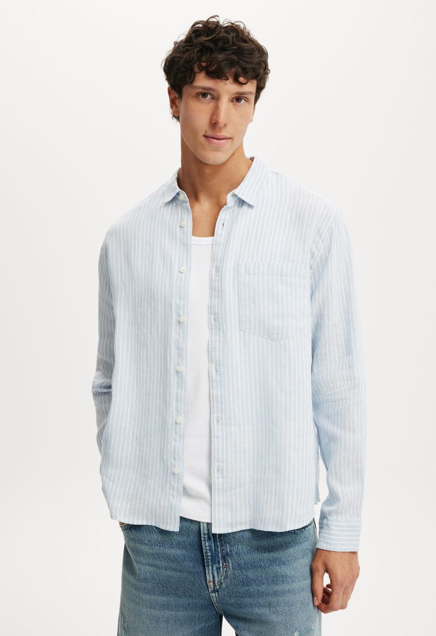 Cotton On - Relaxed Linen Long Sleeve Shirt - Sky Blue 