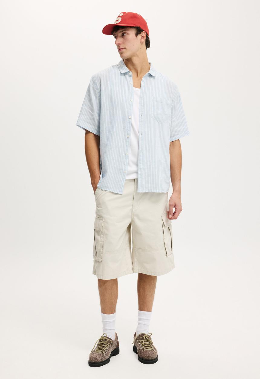 Cotton On - Relaxed Linen Short Sleeve Shirt - Sky Blue Stripe
