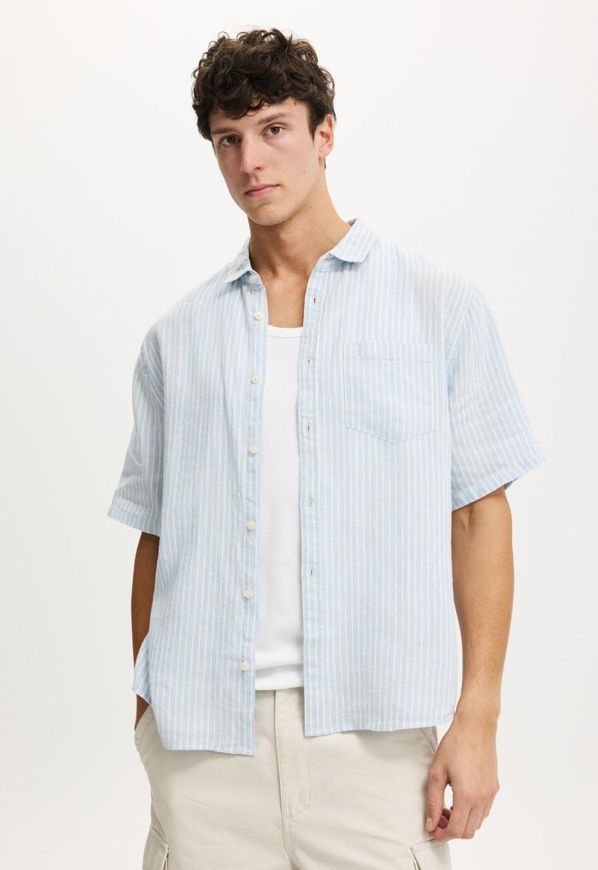 Cotton On - Relaxed Linen Short Sleeve Shirt - Sky Blue Stripe