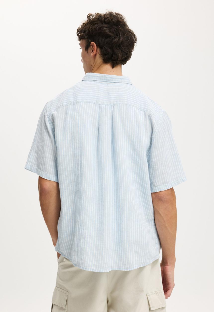 Cotton On - Relaxed Linen Short Sleeve Shirt - Sky Blue Stripe