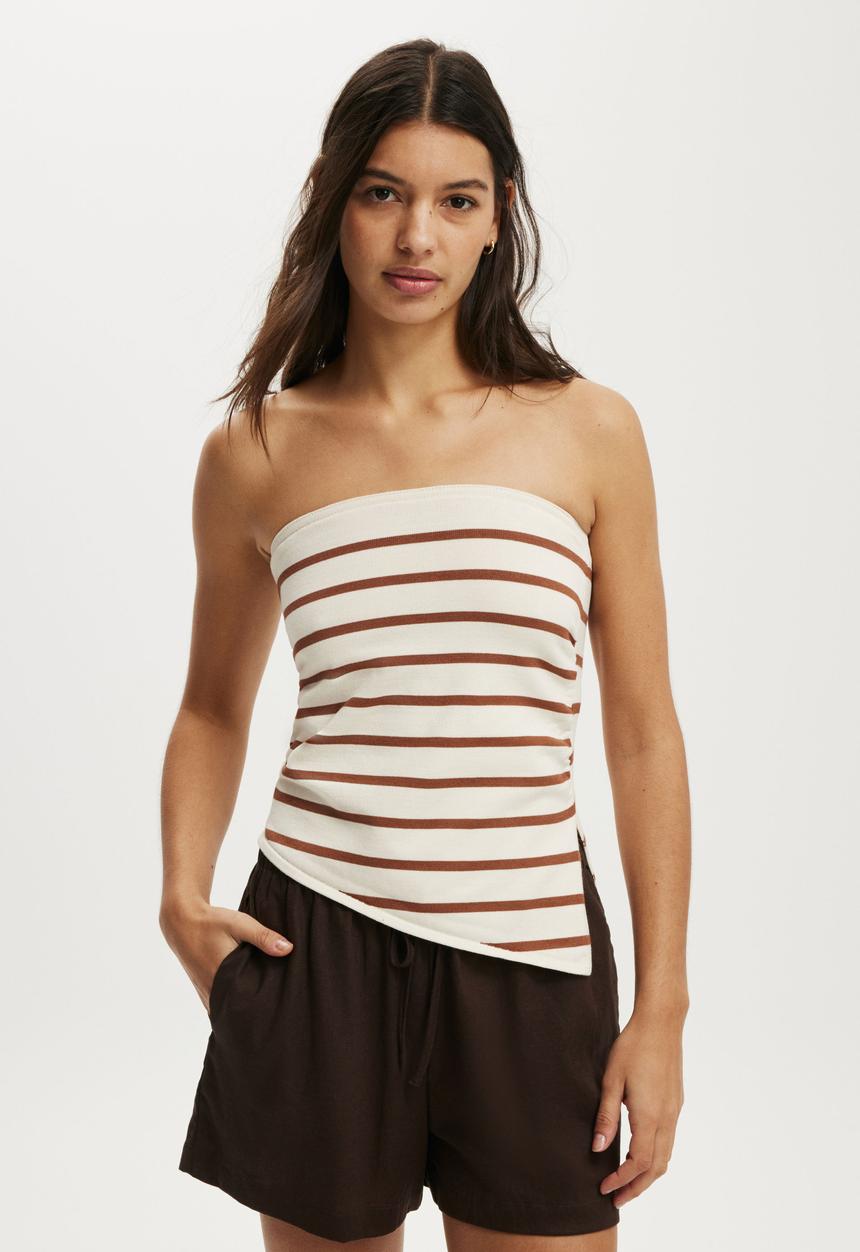 Cotton On - Asymmetric ruched bandeau - coconut dark oak stripe