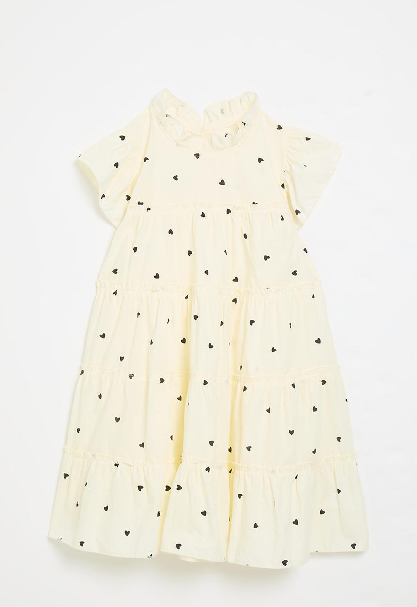 Pop Candy - Smock dress with frilled mandarin collar - cream/polka dots