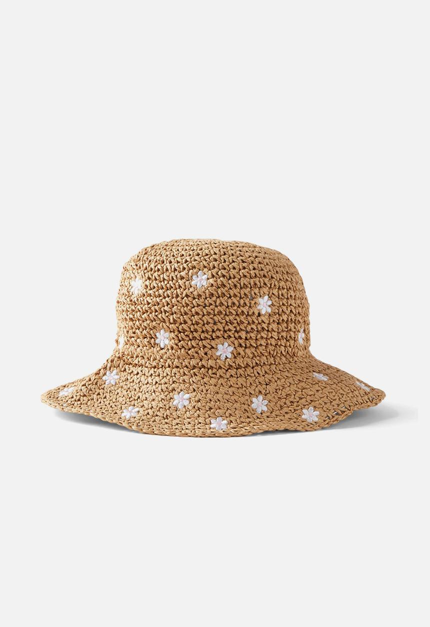 Cotton On - Kids crochet bucket hat - natural/daisy embroidery