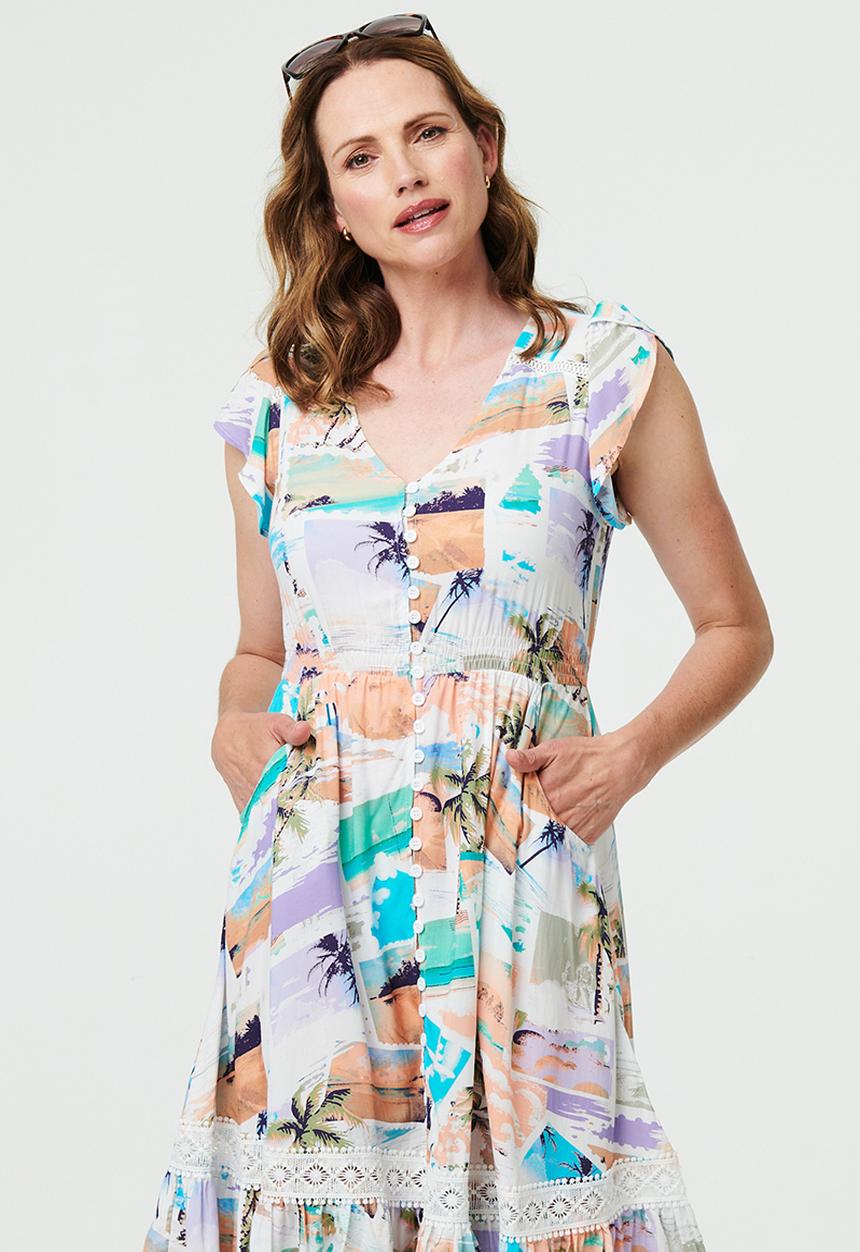 Stella Morgan - Cap Sleeve Flutter V-Neck A-Line Midi Dress Button Through Detail - Multi White
