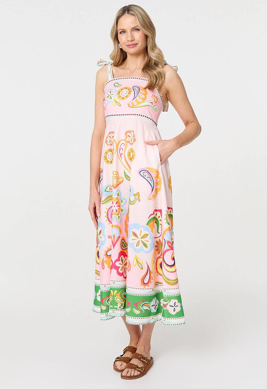 Izabel London - Strappy Midi Dress with paisley detail in print - Multi White