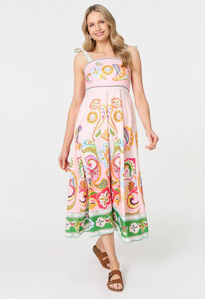 Izabel London - Strappy Midi Dress with paisley detail in print - Multi White