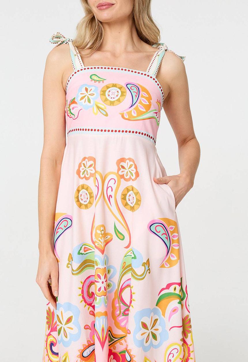 Izabel London - Strappy Midi Dress with paisley detail in print - Multi White