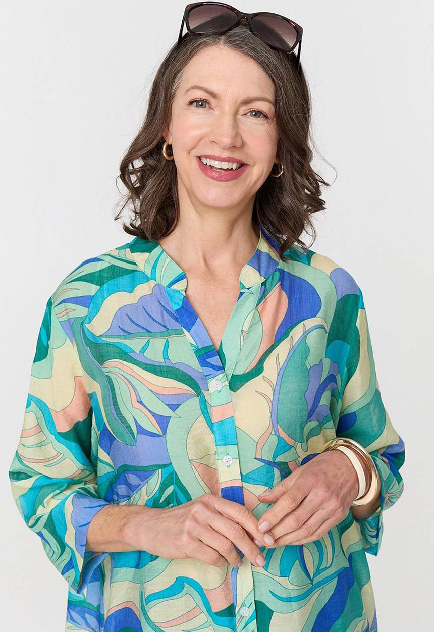 Stella Morgan - Half Sleeve Mandarin Collar Sheer Shirt Dress Button Through - Green