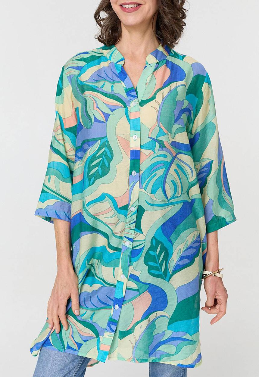 Stella Morgan - Half Sleeve Mandarin Collar Sheer Shirt Dress Button Through - Green