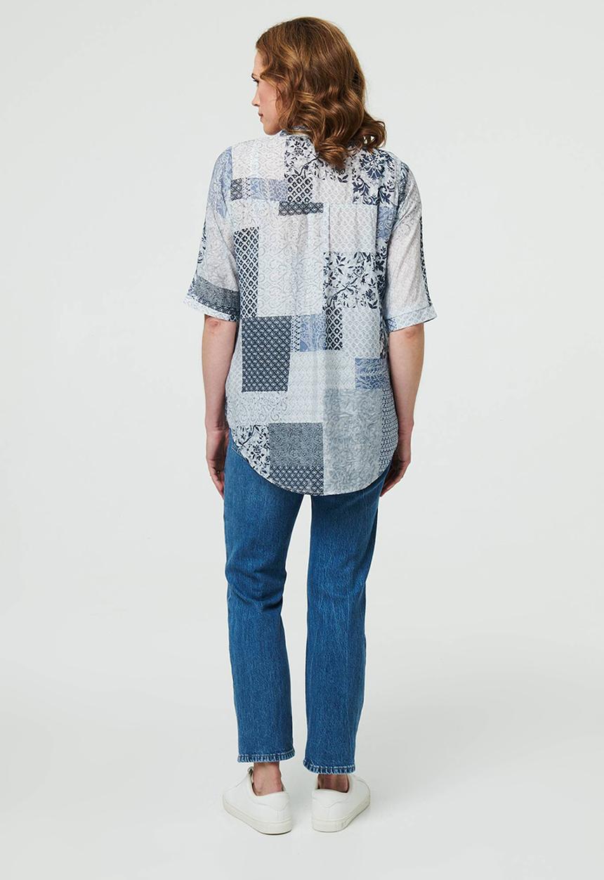 Izabel London - Half Sleeve Half Placket Patchwork Blouse - Blue