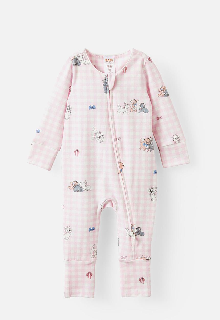 Cotton On - The long sleeve zip romper license - lcn dis tea party pink/ aristocats check