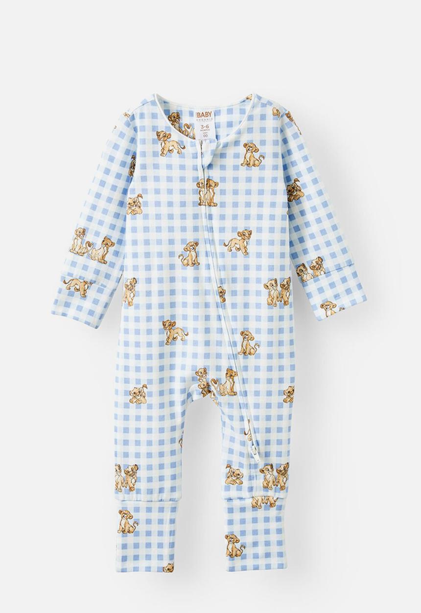 Cotton On - The long sleeve zip romper license - lcn dis dawn blue/simba & nala check