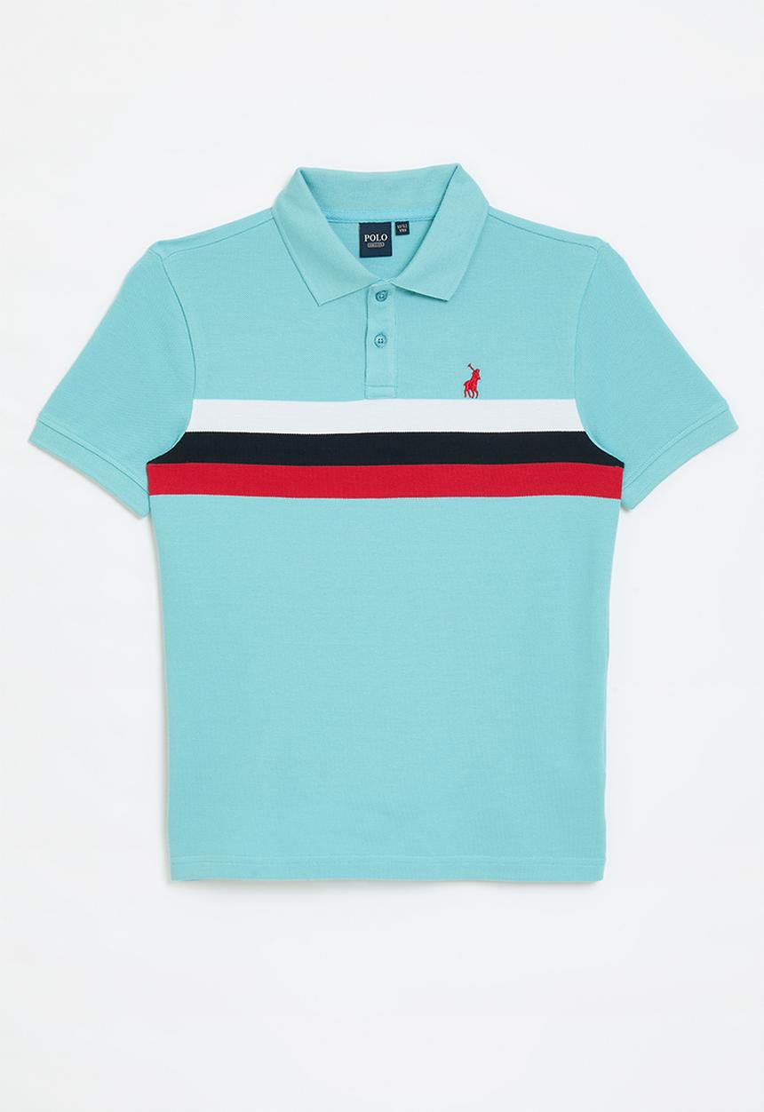 POLO - Boys warren striped short sleeve golfer - ocean