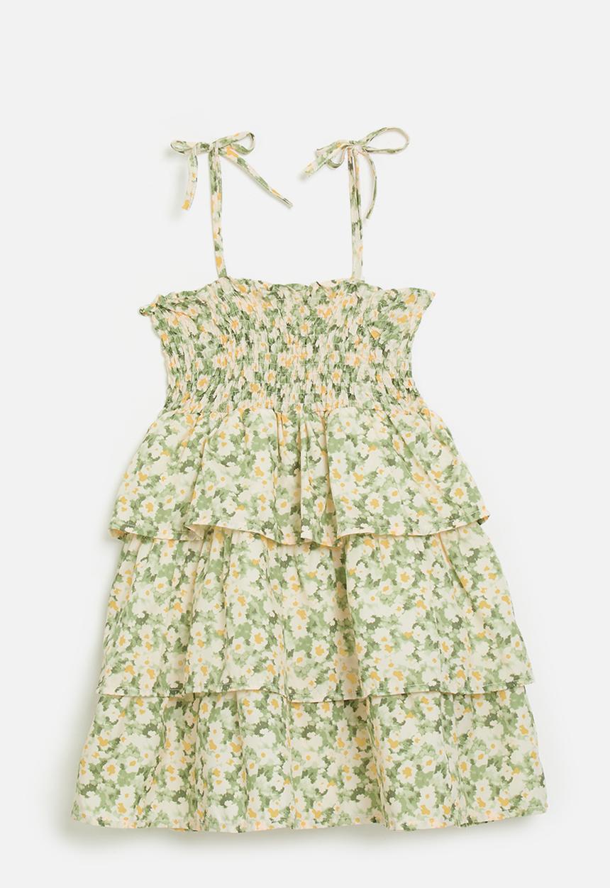Pop Candy - Tiered skirt dress with shirred bodice - green floral