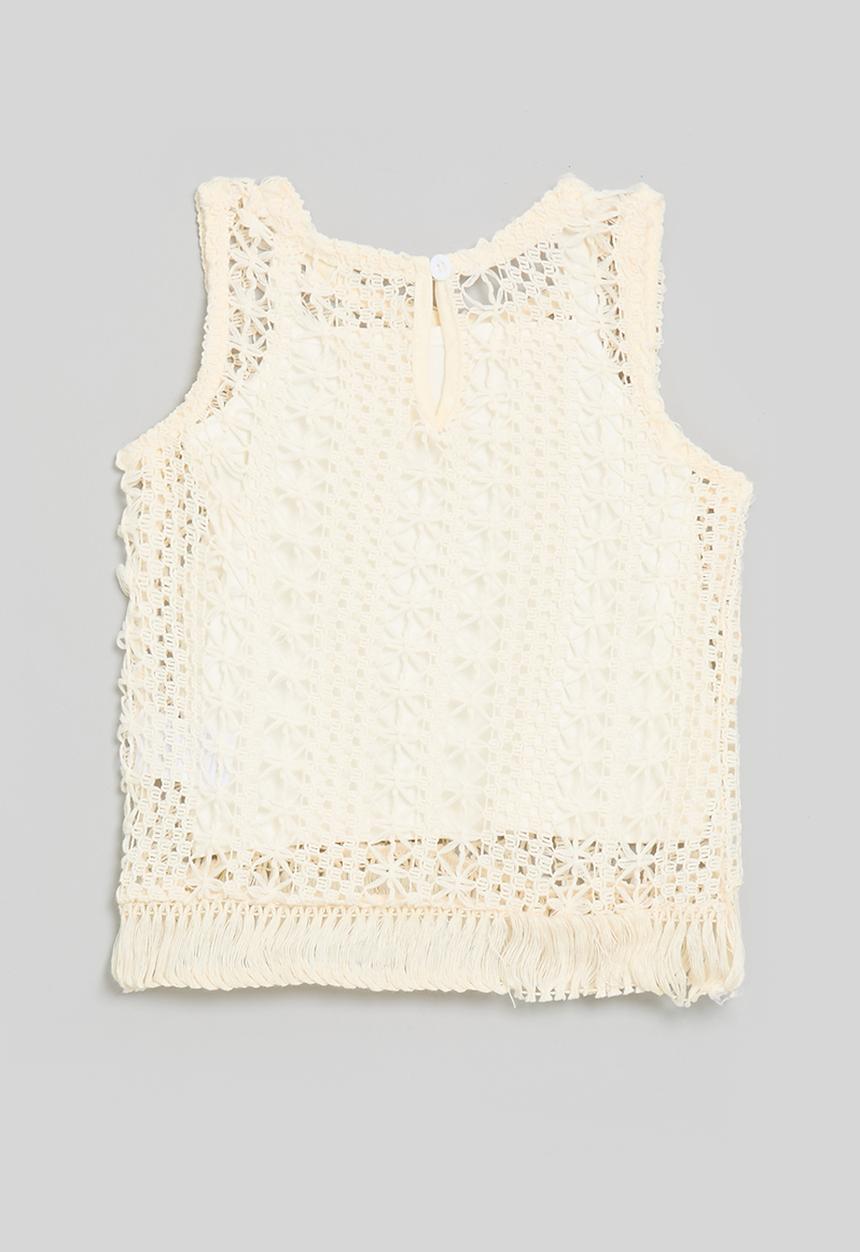 Pop Candy - Fringe hem crocheted top - ecru