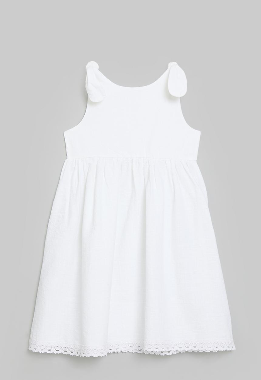 Pop Candy - Shoulder tie dress with lace trim hem - white