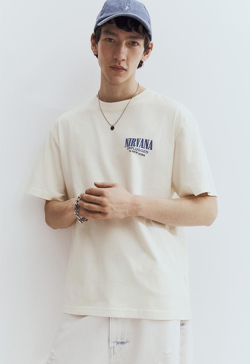 H&M - Loose fit vintage-look printed t-shirt - light beige nirvana