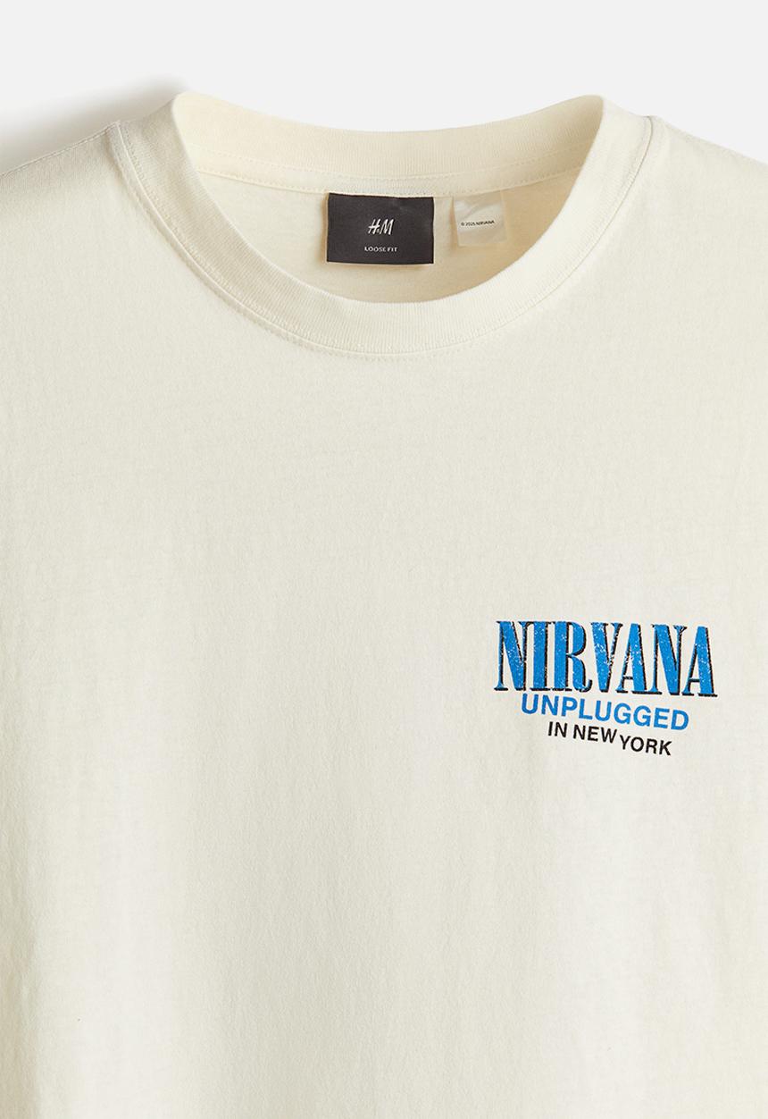 H&M - Loose fit vintage-look printed t-shirt - light beige nirvana