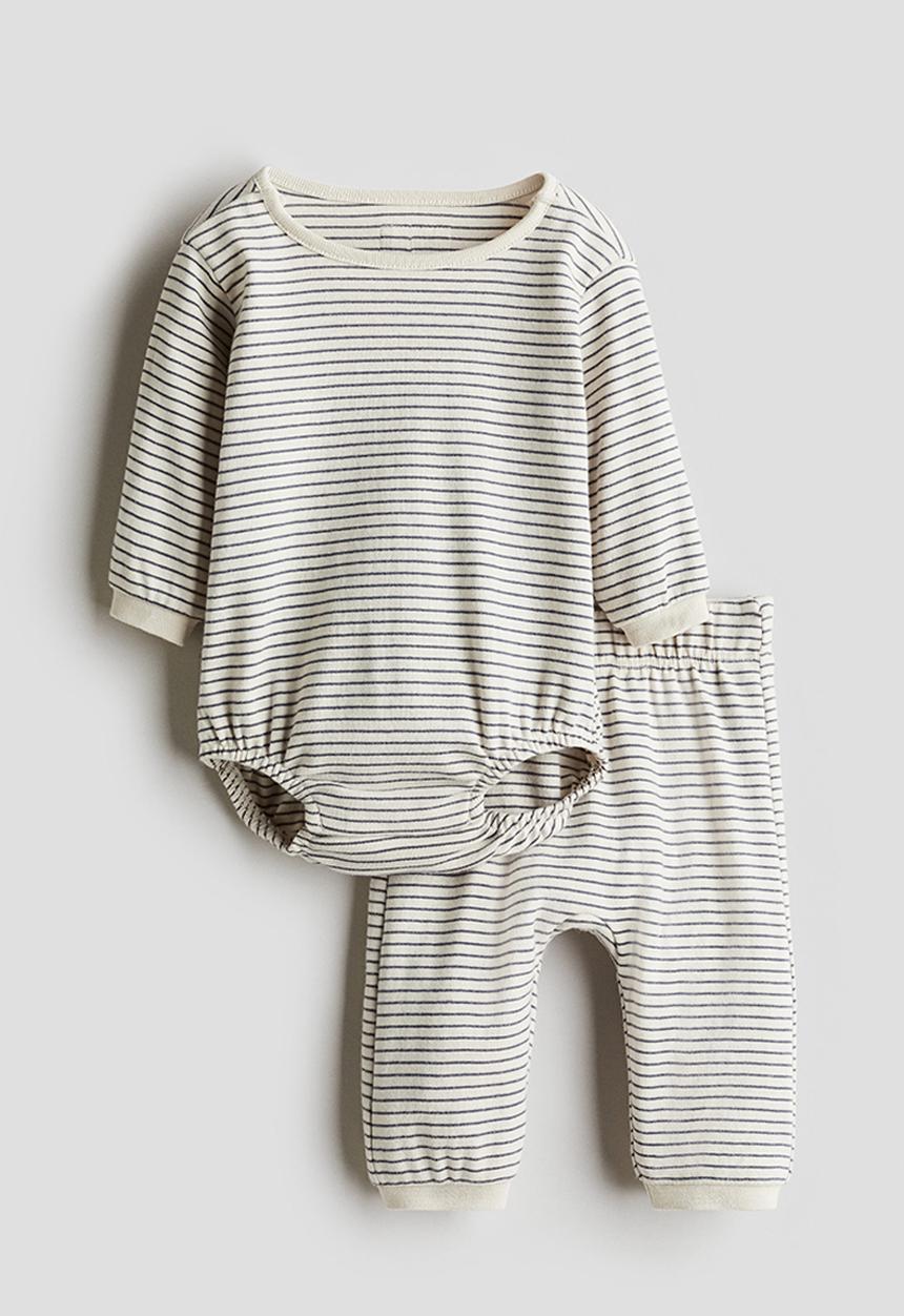 H&M - 2-Piece cotton set - light beige/striped 