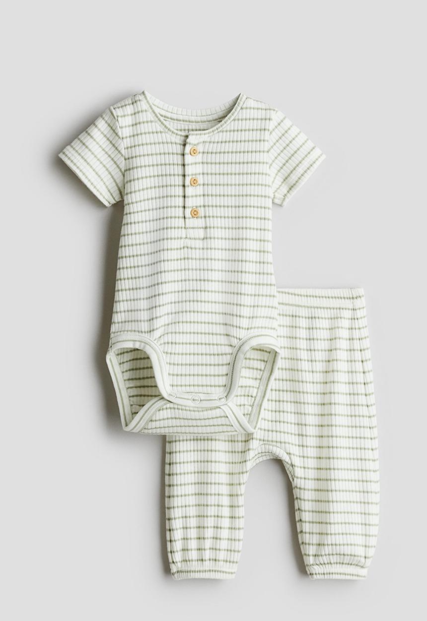 H&M - 2 piece cotton jersey set - white & light green striped 
