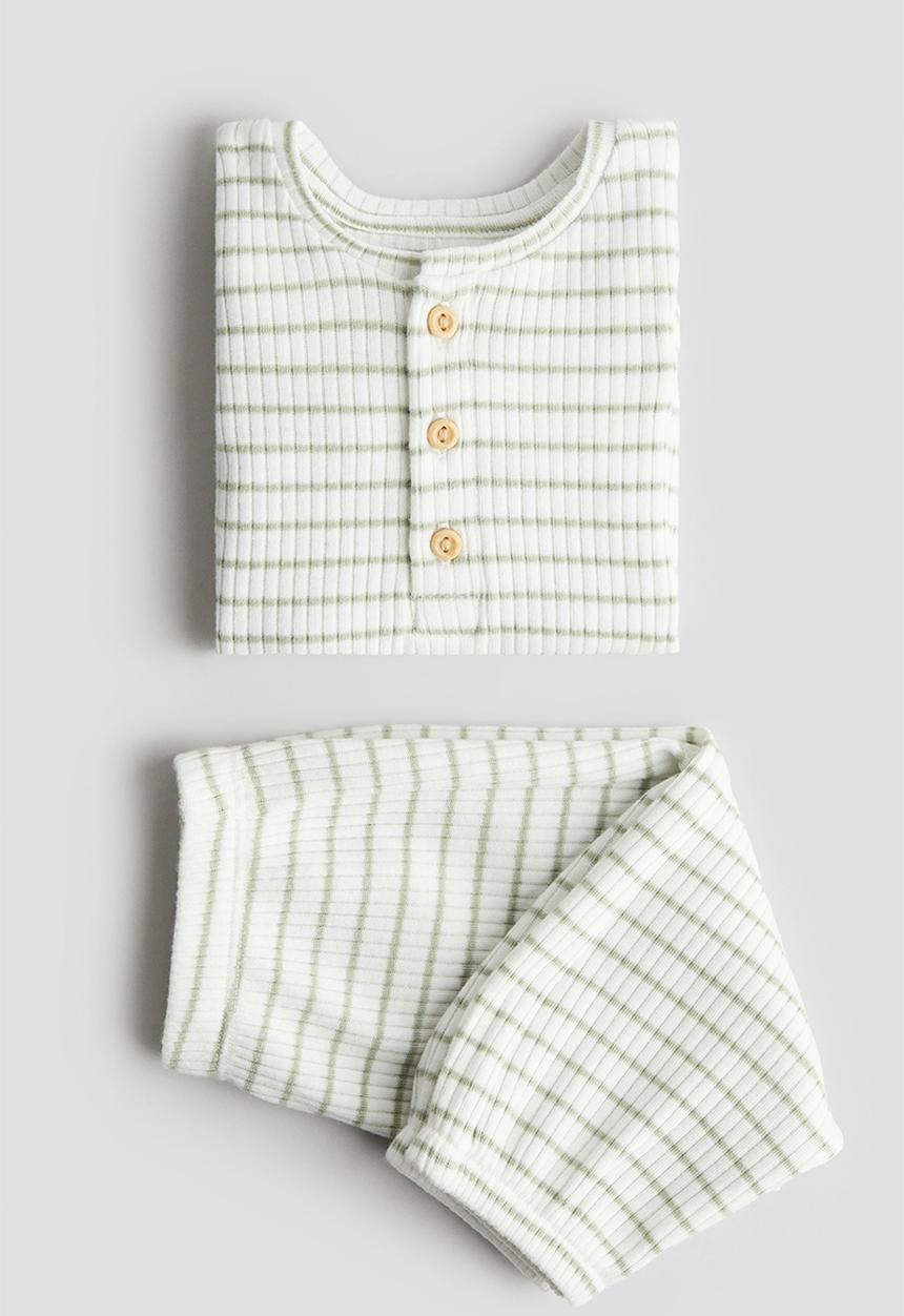 H&M - 2 piece cotton jersey set - white & light green striped 