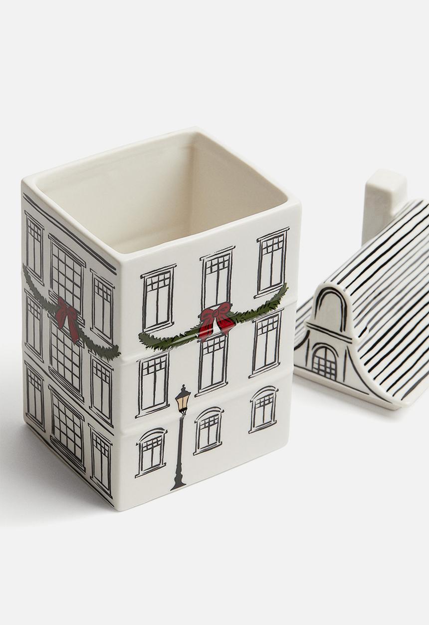 H&M - Lidded stoneware christmas container - white house