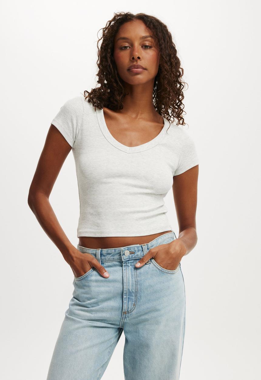 Cotton On - Goldie Rib V Neck Short Sleeve - Grey Marle