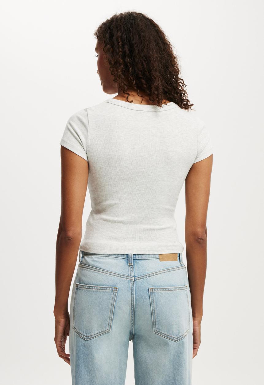 Cotton On - Goldie Rib V Neck Short Sleeve - Grey Marle