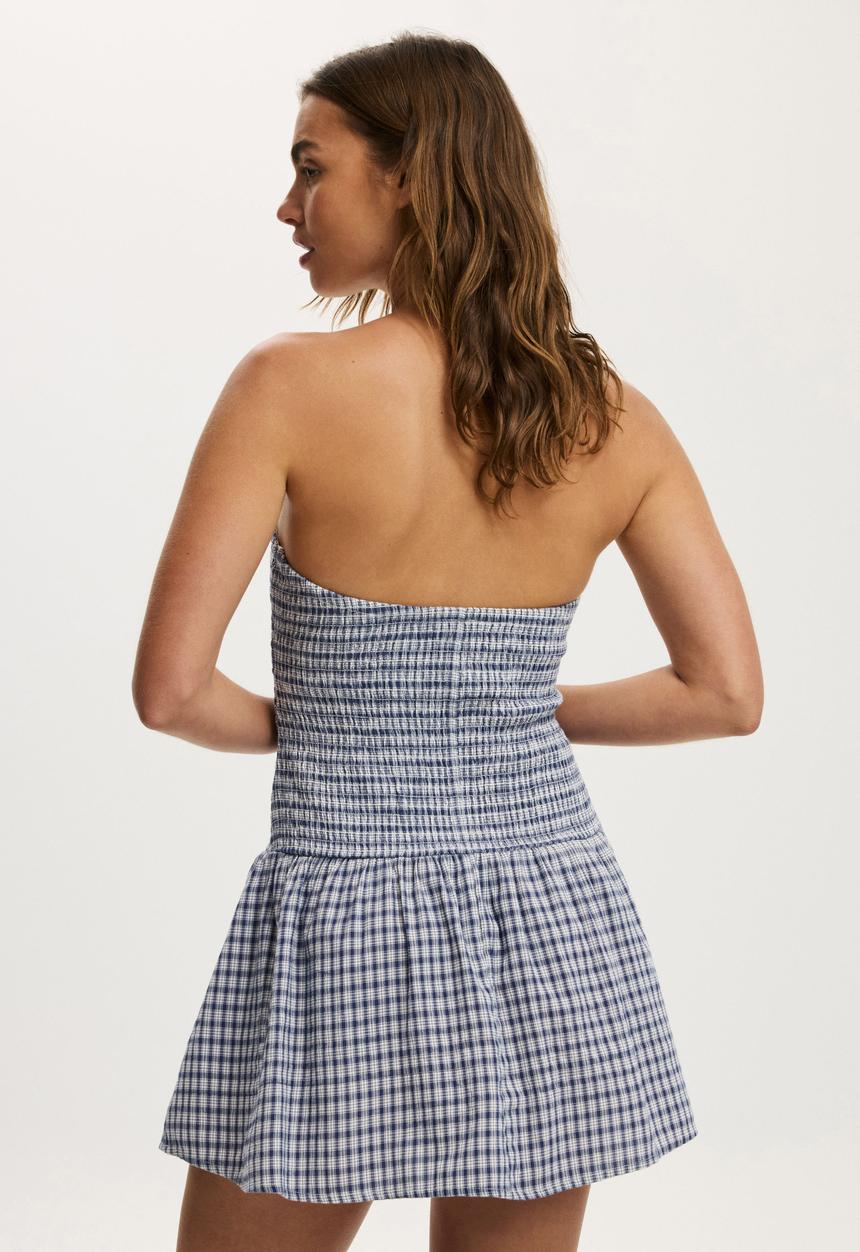 Cotton On - Shirred tube mini dress - harri micro check indigo