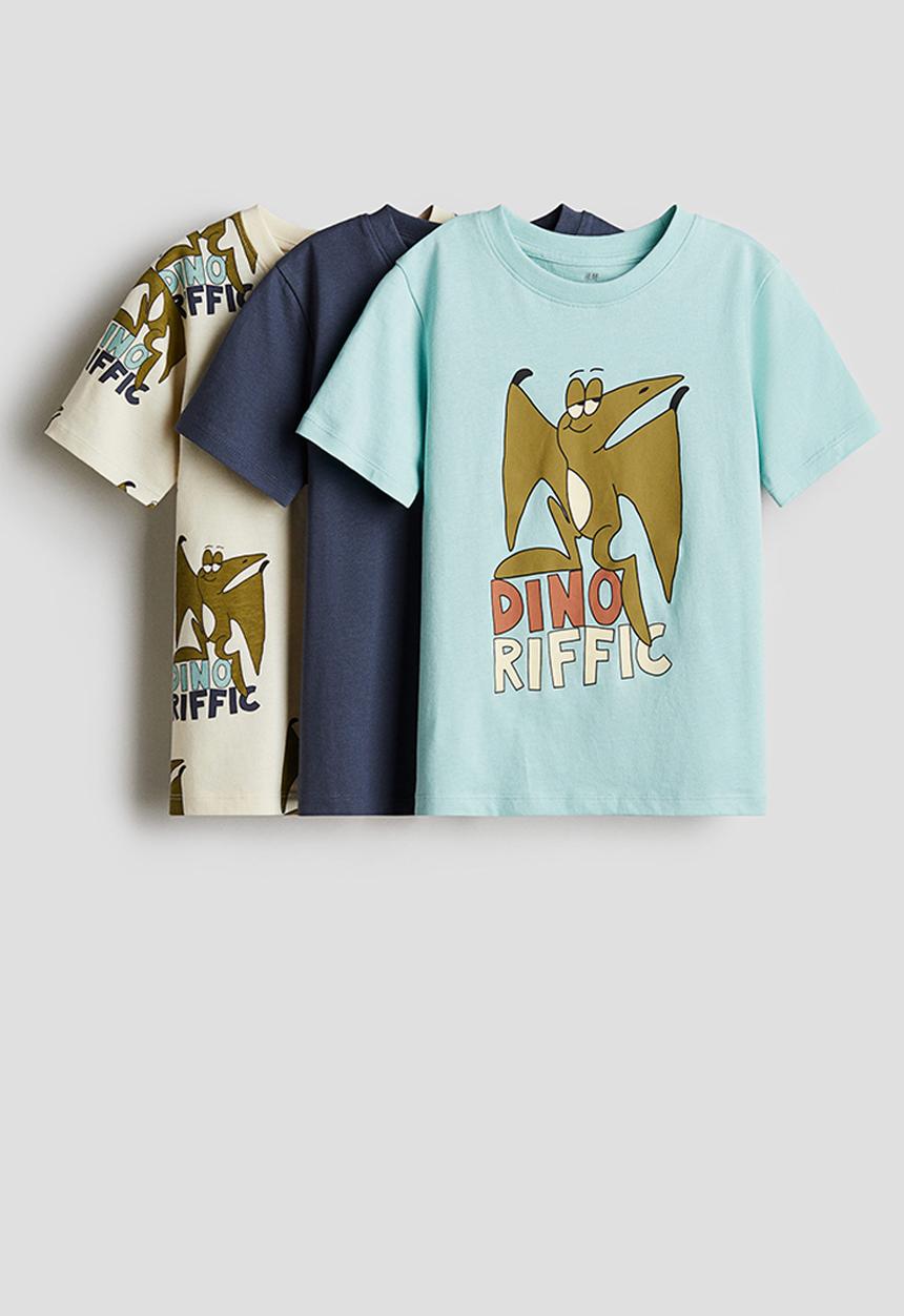 H&M - 3 pack printed t-shirts - turquoise dinoriffic