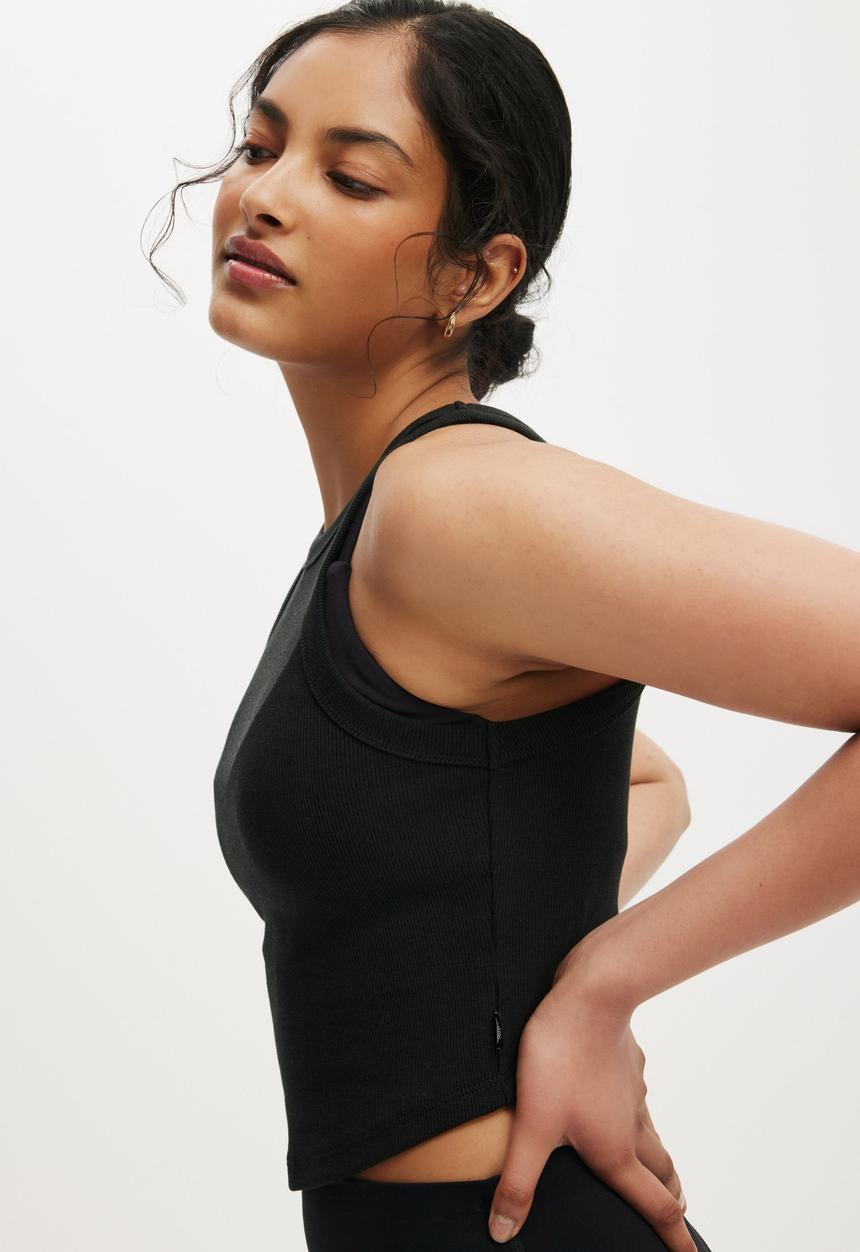 Cotton On - Active Rib Curved Hem Tank - Black