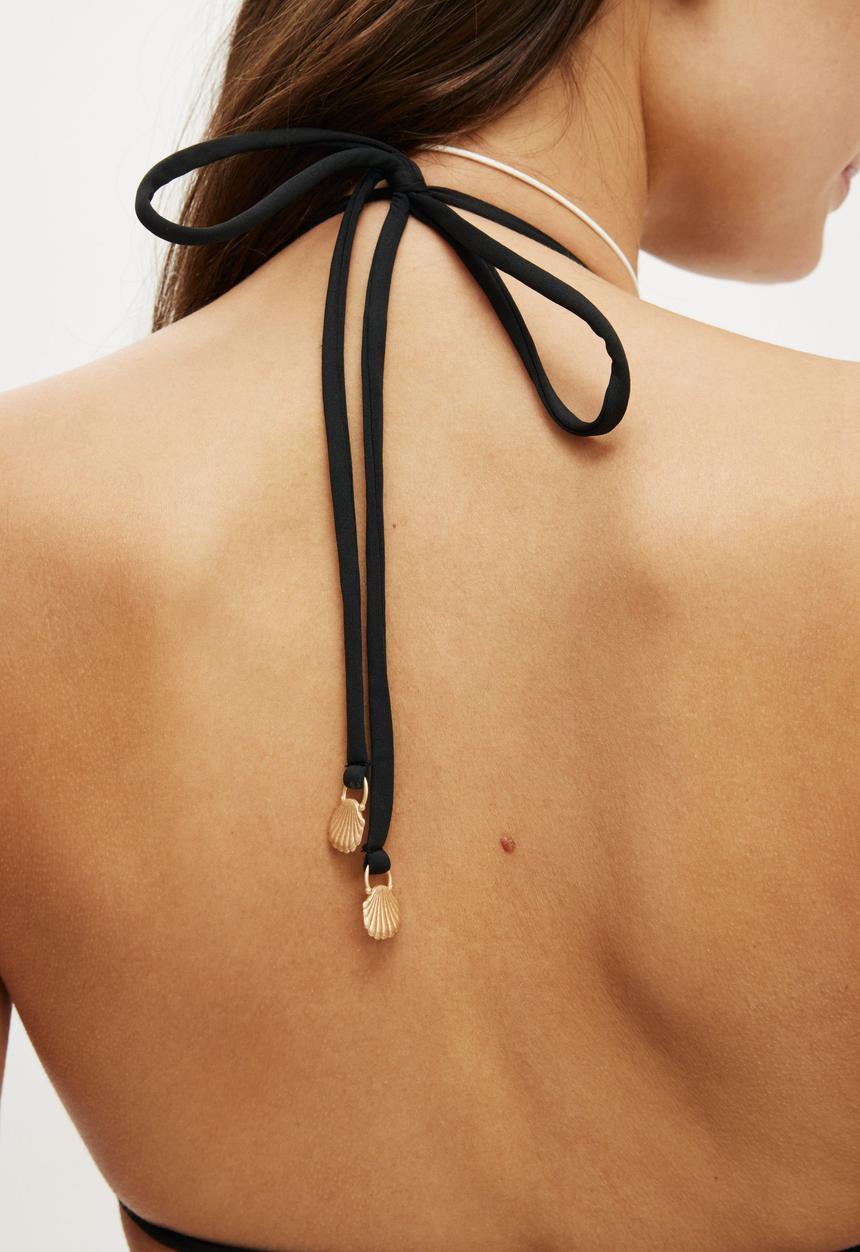 Cotton On - Embroidered Micro String Triangle Bikini Top - espresso/hibiscus