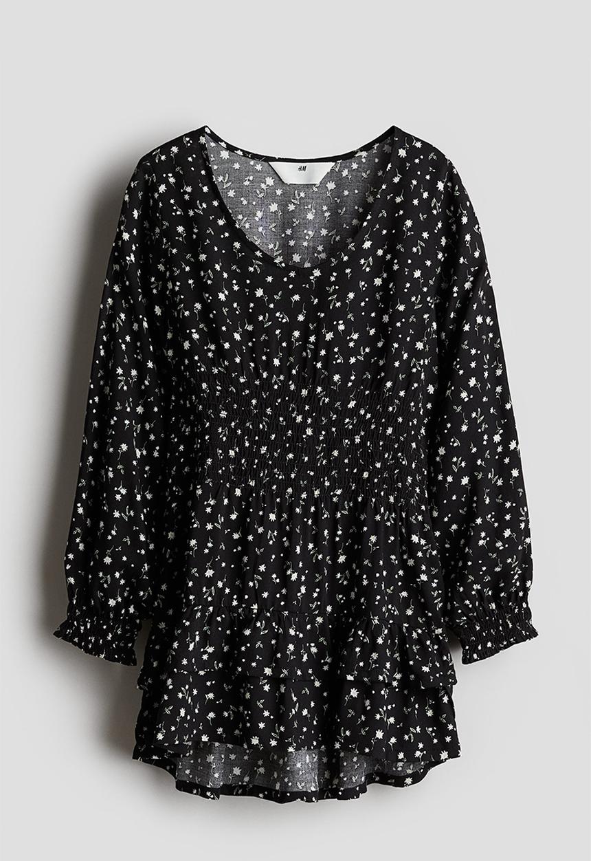 H&M - Smock-detail dress - black floral 