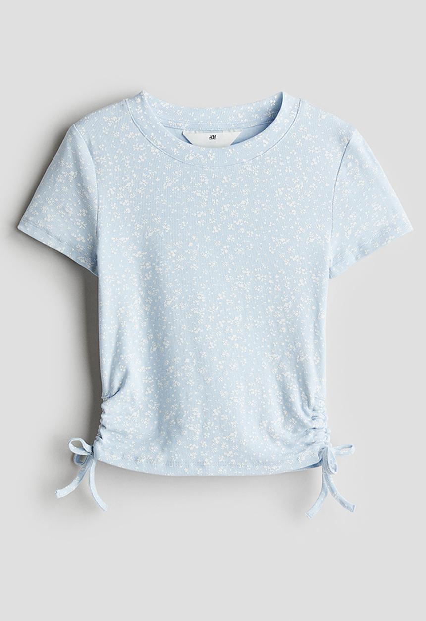 H&M - Drawstring-detail jersey top - light blue floral 