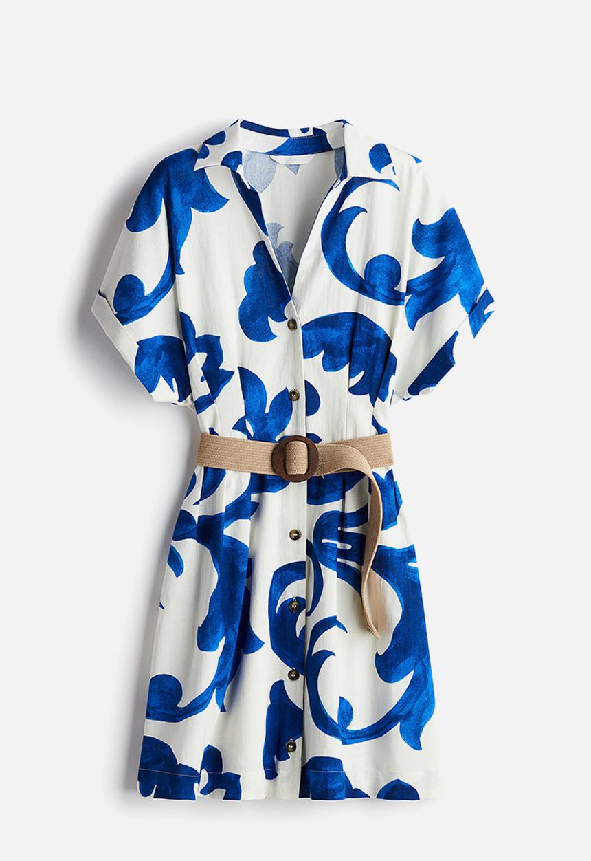 H&M - Belted shirt dress - white & blue patterned