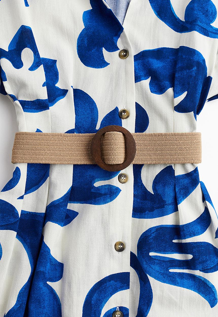 H&M - Belted shirt dress - white & blue patterned