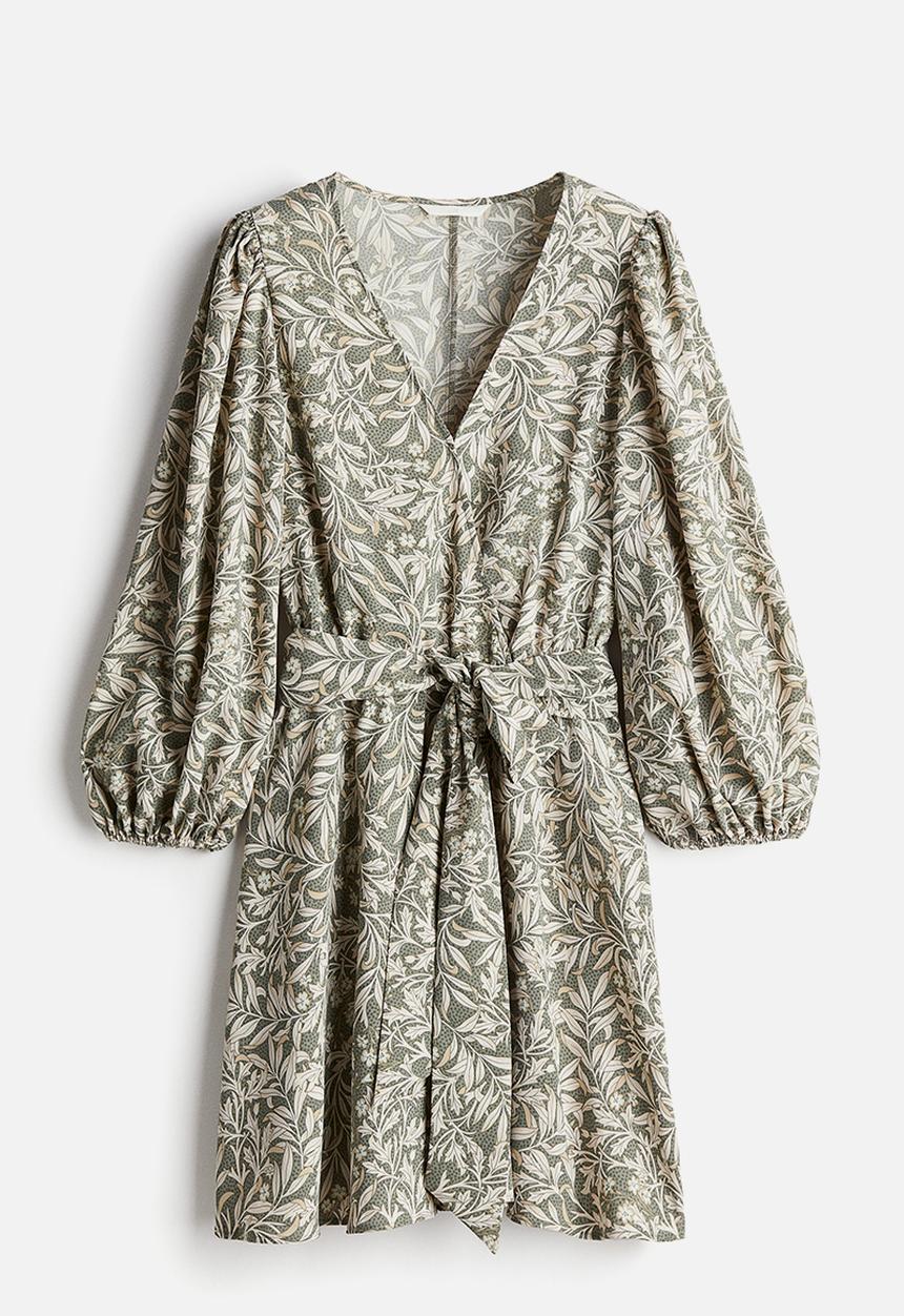 H&M - Tie-belt dress - light khaki green patterned