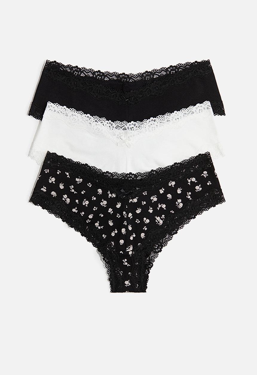 H&M - 3 pack cotton and lace hipster briefs - black floral