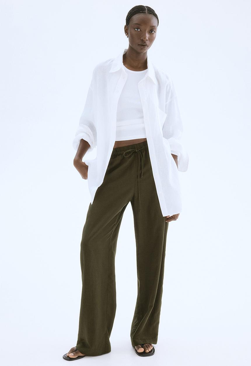 H&M - Linen-blend trousers - dark khaki green