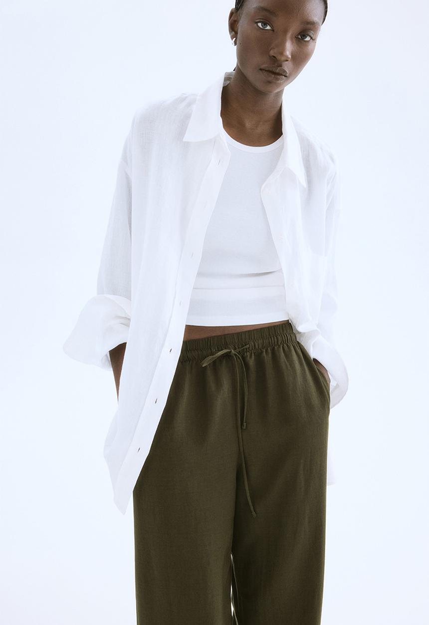 H&M - Linen-blend trousers - dark khaki green