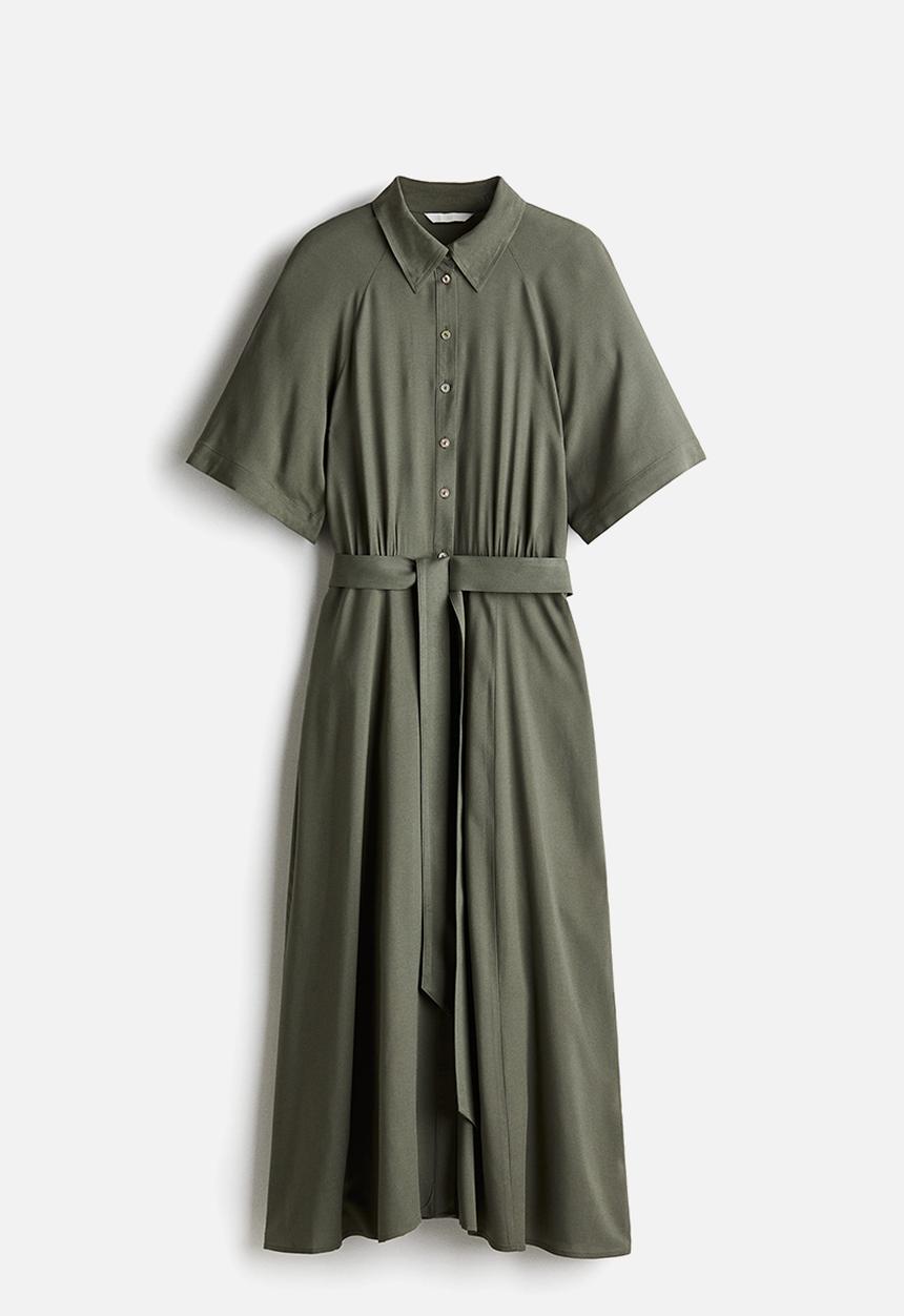 H&M - Tie-belt shirt dress - dark khaki green 