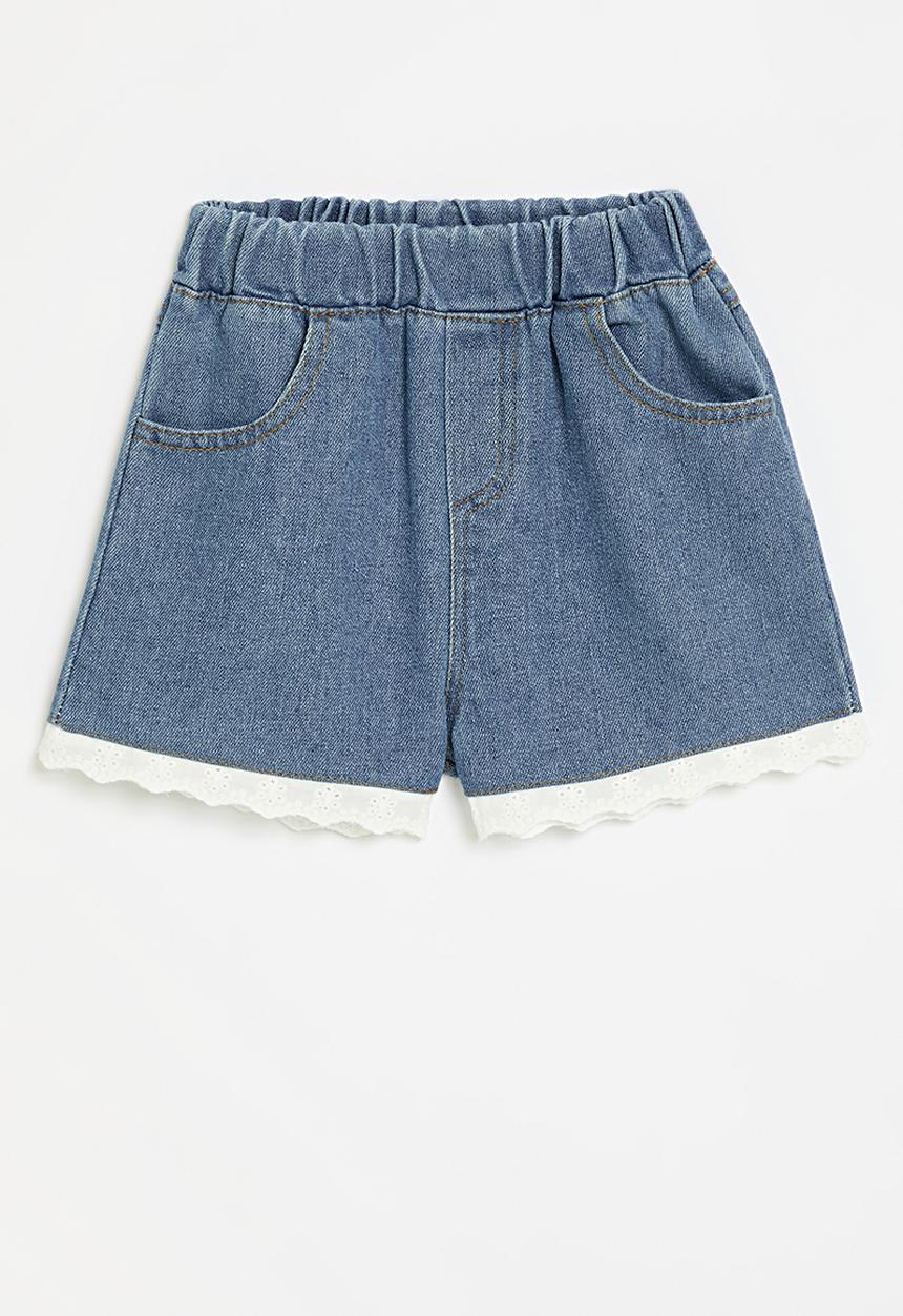 Pop Candy - Denim shorts with broderie hem - blue/white