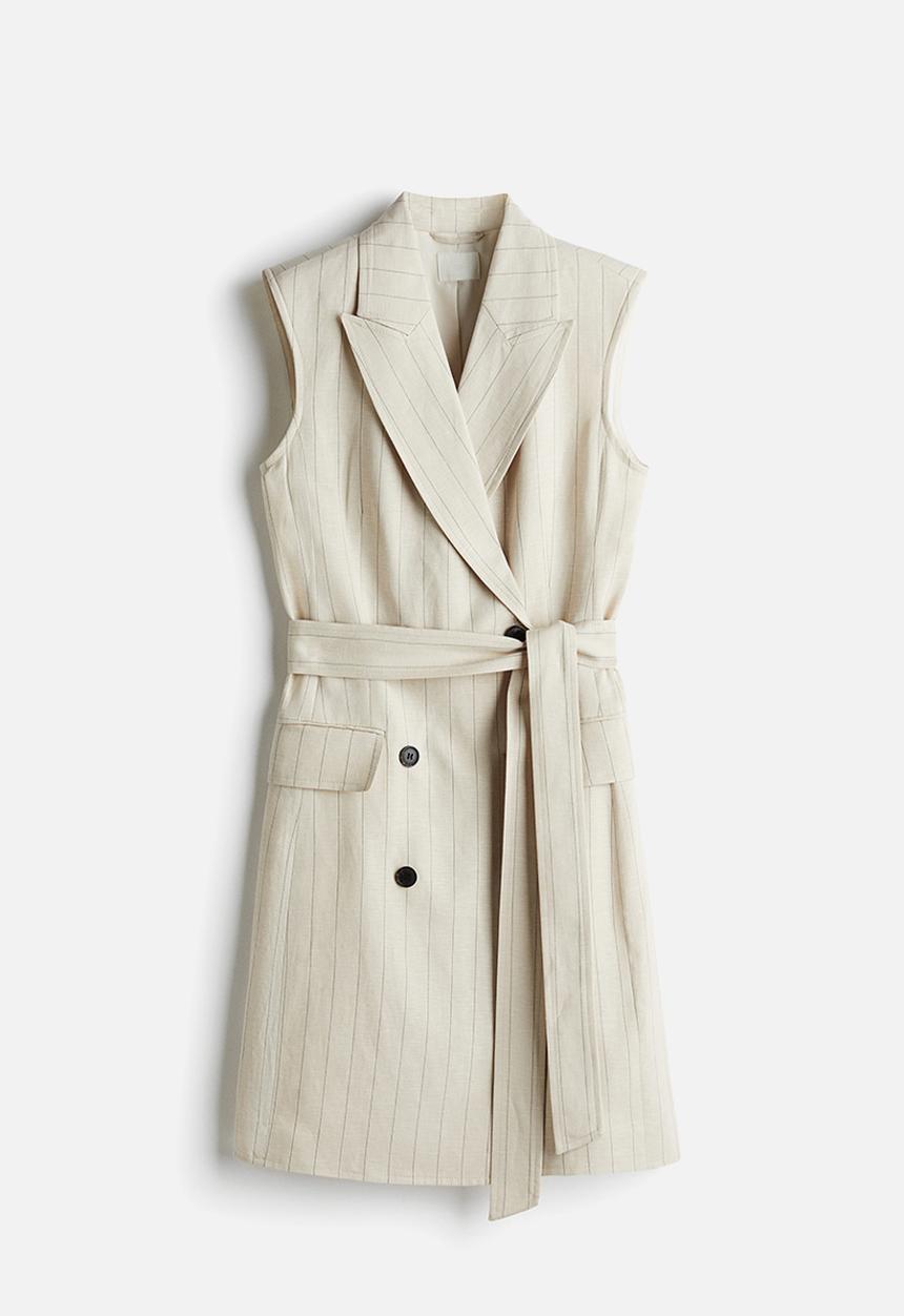 H&M - Linen-blend blazer dress - light beige pinstriped - 1212380005